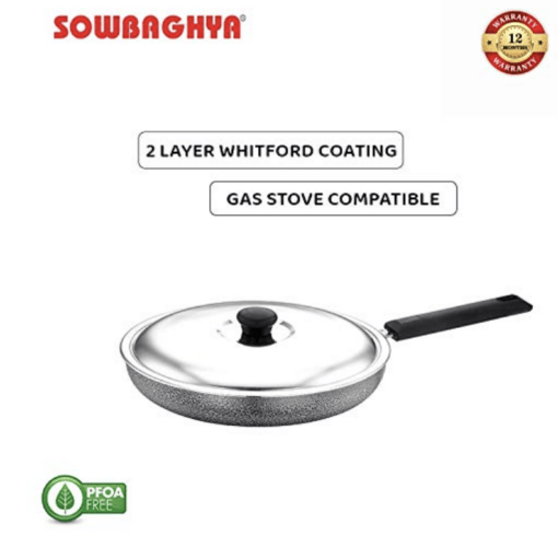 SOWBAGHYA Non Stick Fry Pan with Stainless Steel Lid (Multicolour) | with Soft Touch Handle | Stainless Steel Gas and Induction Compatible Fry Pan - Image 3
